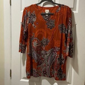 Chico's Rust Olive Green Maroon Paisley Tunic Size 1 or 12